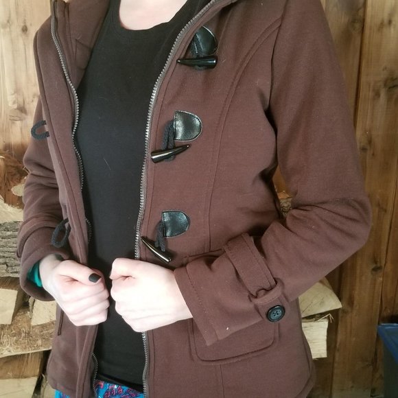 Pea Coat Jacket Brown Hood Toggles& Zipper Pockets - Picture 12 of 16